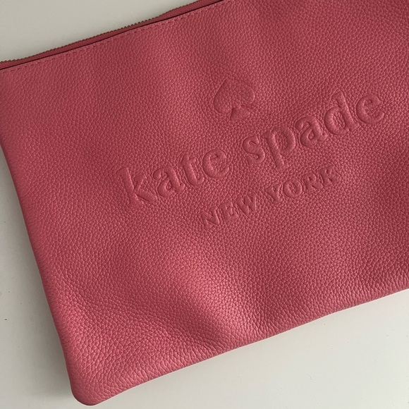 Kate Spade New York Pebbled Leather Zip Pouch Clutch – Bright Pink Makeup Bag - Picture 2 of 5